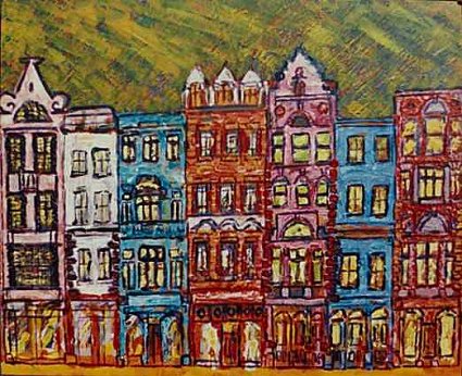 Painting of generic Dublin streetscape of 7 buildings each of 4 stories