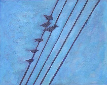 Painting of a 6 birds on 2 of 5 wires