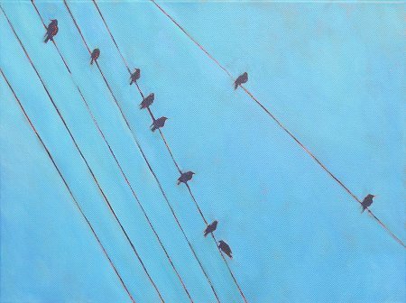 Painting of birds on wires