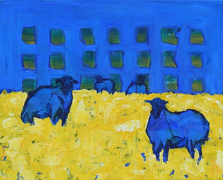 A painting of some sheep, blue sheep