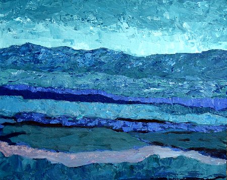 A painting of a blue view, and turquoise, of a landscape