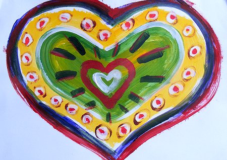 A painting of heart shaped stuff in red and green and yellow and black and white