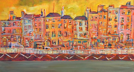 Painting of Dublin's Ormond Quay Lower and boardwalk along the Liffey