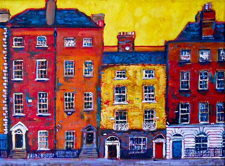 A painting of five houses in Dublin