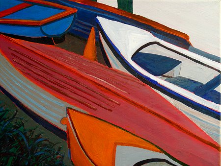 A painting of boats in Coliemore Harbour in Dalkey
