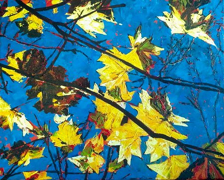 A painting of autumnal golden leaves