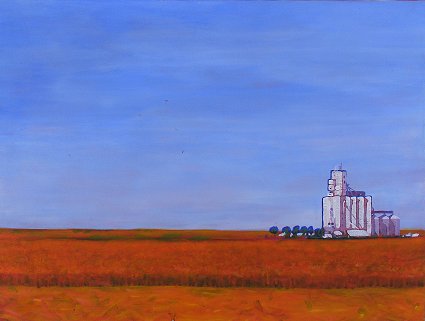 Painting of grain elevator on the American Plains