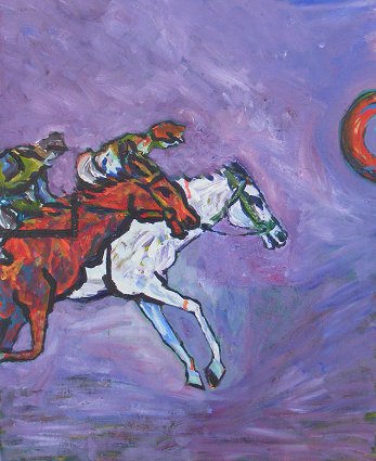 A Painting of 2 Horses at the  Finish Line