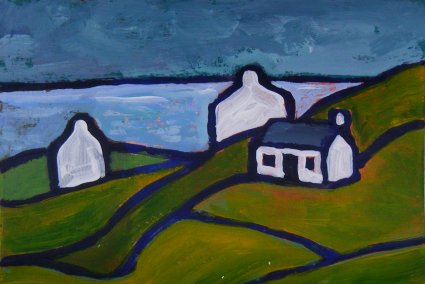 Mini landscape, 3 cottages, green fields