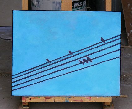 Painting of 6 birds on 5 wires