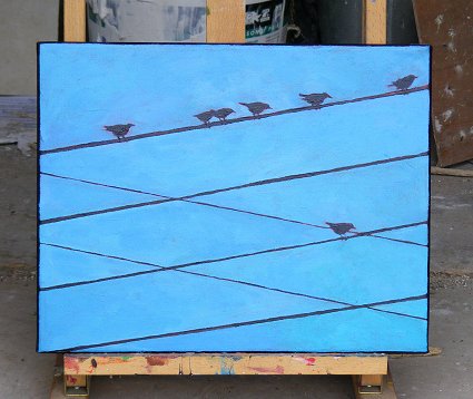 Painting of 7 birds and 6 wires