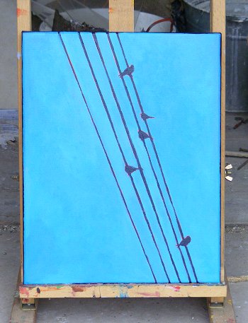 Painting of 5 birds and 5 wires