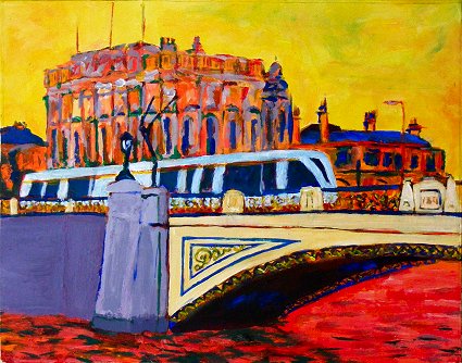 Painting of Heuston Station in Dublin, with Heuston Bridge and a Luas tram