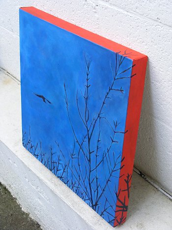 Side view of painting of a bird hovering