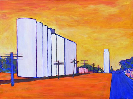 Painting of a grain elevator in American Midwest