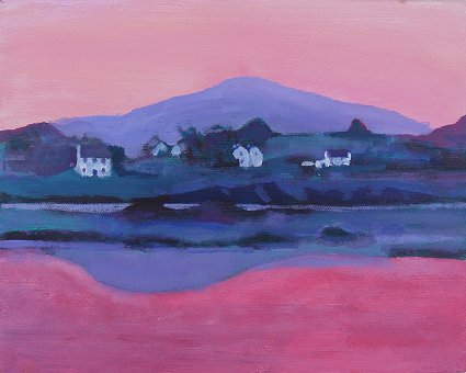 Painting of Irish Lake Scene, Very pink, Some Blue
