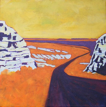 Painting of the middle of Kansas as seen looking down through a gap in rocky hills