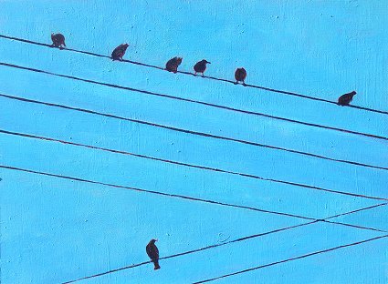 Painting of 7 birds on 7 wires