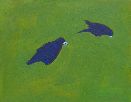 Painting of 2 rooks in the grass