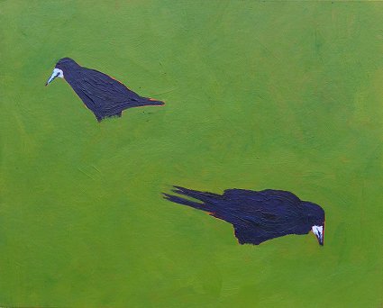 Painting of 2 rooks in the grass