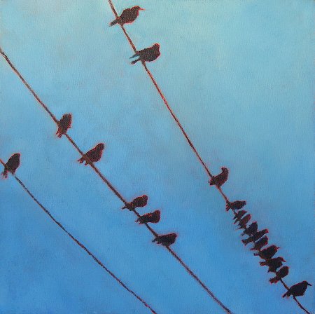 Painting of something like 20 birds on 3 wires