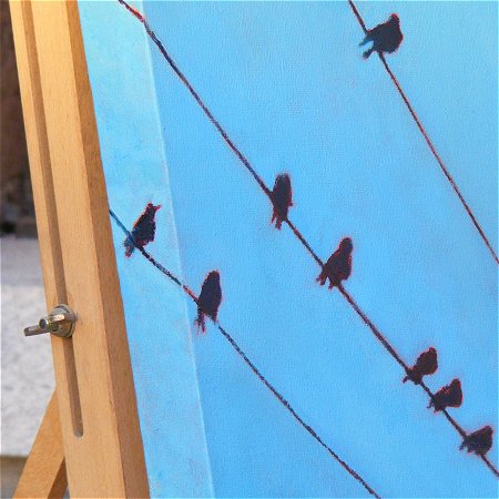 Detail of side view of painting of loads birds on 3 wires