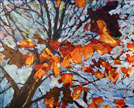 Painting of a close up of a tree and a few of its remaining leaves which are now golden