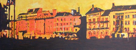 Painting of view from Ormond Quay across the river Liffey and Grattan Bridge to Wellington Quay, Parliament Street and Essex Quay