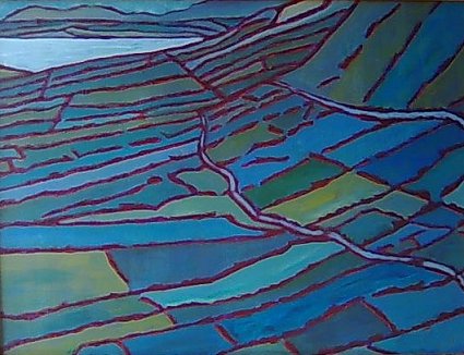 painting of Irish landscape of patchwork sloping fields