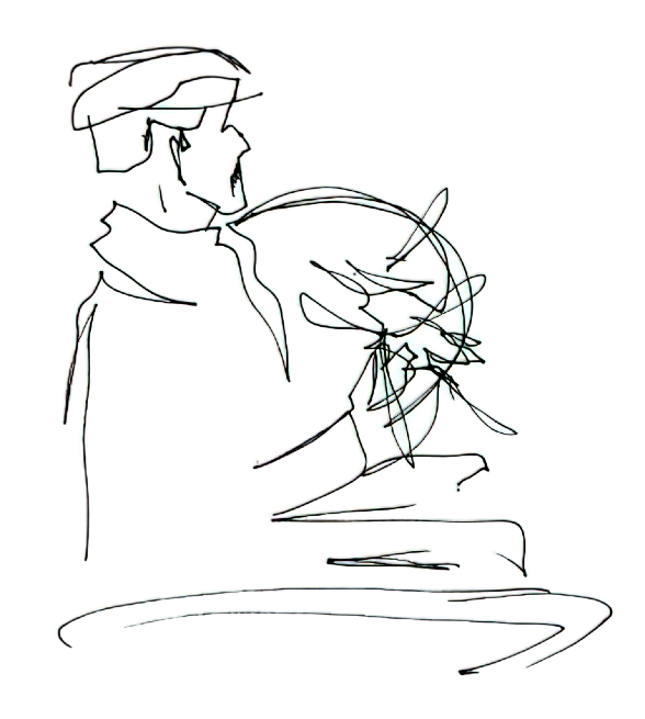 Sketch of Gabriel Reyes playing bodhrán