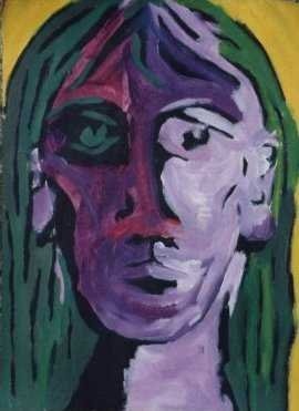 A Painting of a girl, a purple girl with green hair